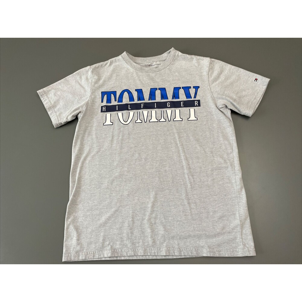 Tommy Hilfiger Graphic Logo T-Shirt Boys L Sz 16-18/Men XS Spellout Grey Blue